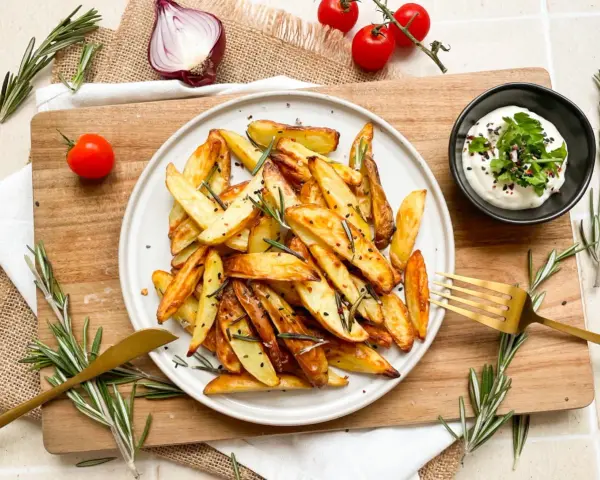Knusprige rosmarinkartoffeln aus dem Airfryer, garniert mit frischem Rosmarin und Sesam. Dazu ein Dip.