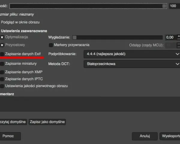 Ustawienia zaawansowane: Zapisanie danych Exif pozwala sprawdzić, kiedy było zrobione zdjęcie.
