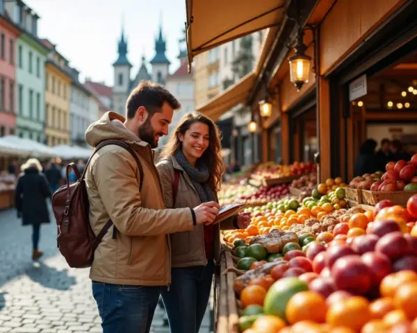Para młoda sprawdza ceny w Czechach na targu z owocami. Kolorowe kamienice w tle.