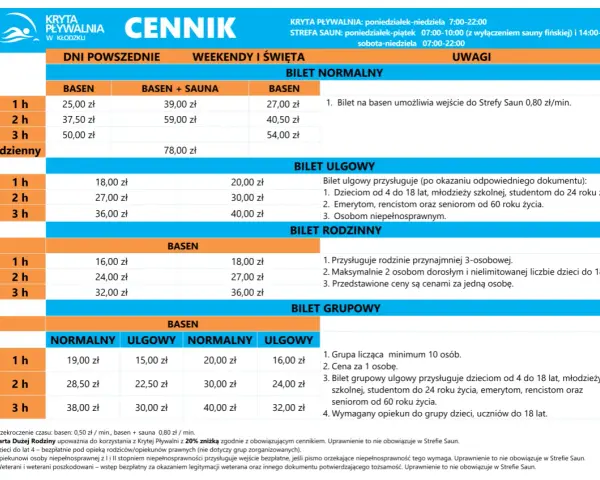 Cennik Krytej Pływalni w Kłodzku: bilety normalne, ulgowe, rodzinne i grupowe na basen i basen+sauna.