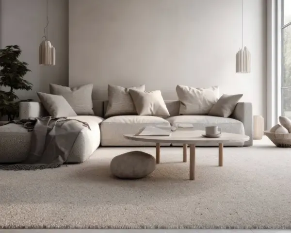 Un soggiorno accogliente con divano angolare, tavolino rotondo e tappeto in un caldo color taupe che è.