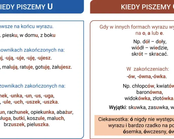 Zasady pisowni ó: wymiana na o/a/e, zakończenia -ów/-ówna/-ówka, wyjątki. Ó nie występuje na końcu wyrazu.