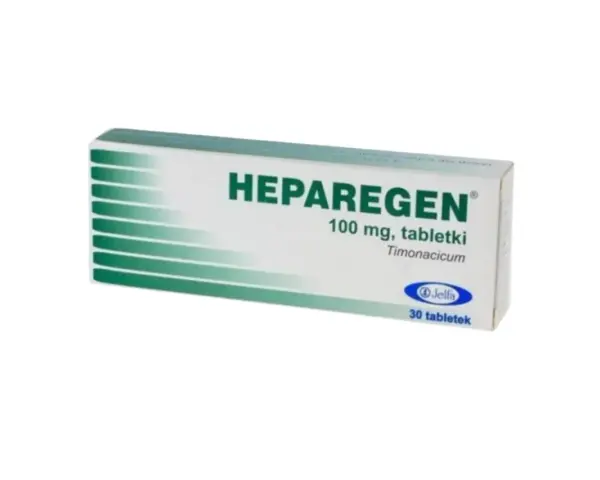Opakowanie leku Heparegen na co pomaga? Zawiera 30 tabletek po 100 mg.