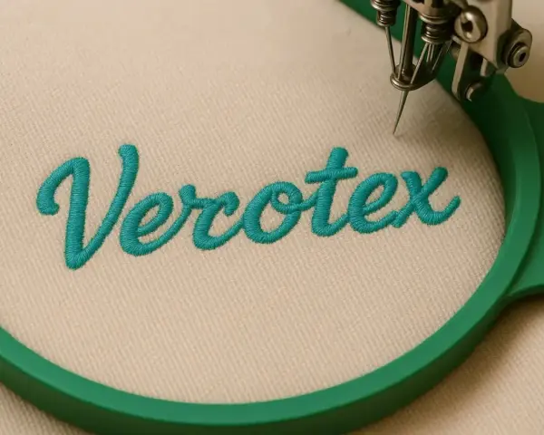 Broderie du mot "Verotex" sur un tissu beige, montrant les bases de la couture avec une machine à broder.