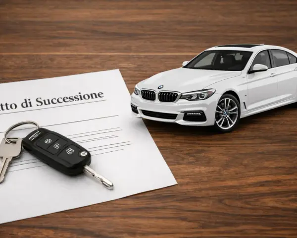 Chiavi e atto di successione accanto a un'auto bianca. Informazioni sulla successione auto defunto senza testamento costo.