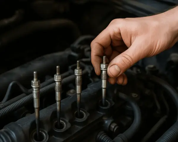 Dłoń mechanika wykonuje wymianę świec żarowych w silniku diesla.