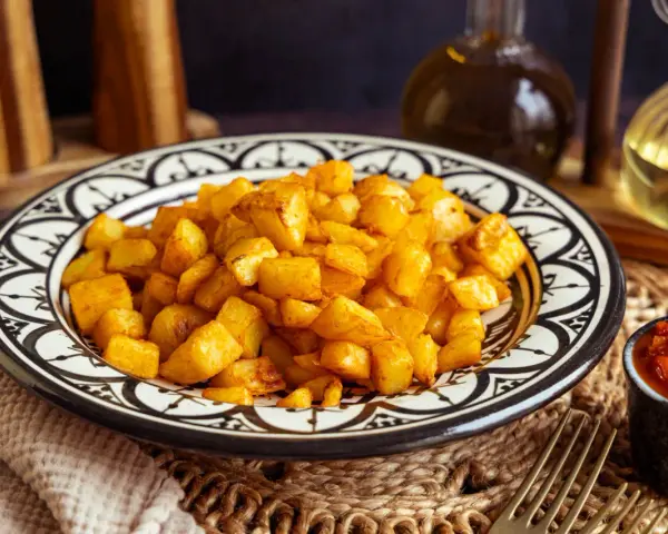 Knusprige patatas bravas in einer marokkanisch inspirierten Schale, daneben eine Schale mit scharfer Tomatensauce.