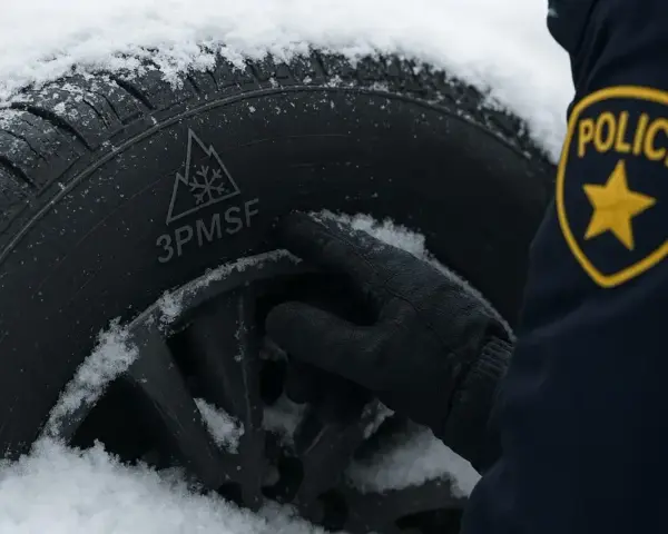 Policjant sprawdza oznaczenie 3PMSF na oponie, sugerując, czy opony wielosezonowe są dobre na zimę.