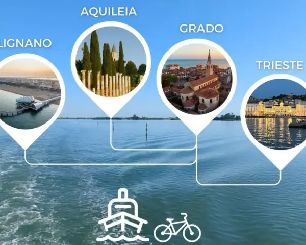 Esplora il mare del Friuli Venezia Giulia: Lignano, Aquileia, Grado e Trieste. Icone di nave e bici suggeriscono itinerari.