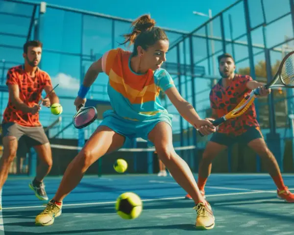 Två män och en kvinna spelar padel. Kvinnan slår bollen, redo att följa padel regler.