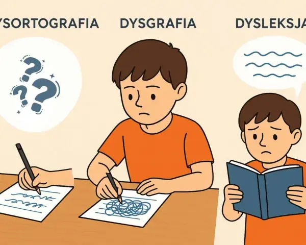 Dzieci zmagają się z dysortografią, dysgrafią i dysleksją. Przykład dysortografii: trudności z pisownią.