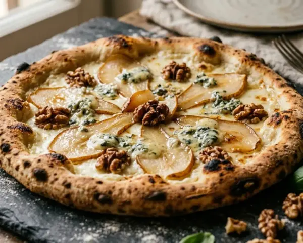 Wykwintna pizza bianca z gruszką, orzechami włoskimi i serem pleśniowym, idealna na elegancką kolację.