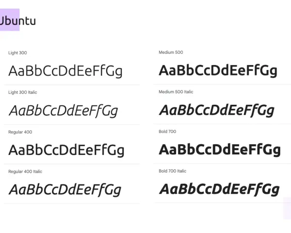 Muestras de la tipografía Ubuntu en varios pesos y estilos, ideales para las mejores tipografías para web.