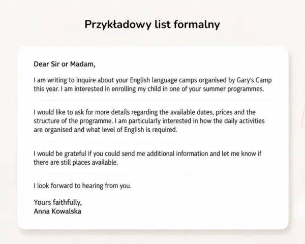 Przykładowy list formalny do Gary's Camp. Anna Kowalska pyta o obozy językowe, daty, ceny i program.