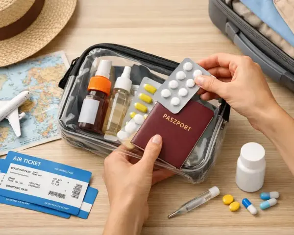 Przygotowanie do podróży: jak przewozić leki w samolocie Ryanair. Paszport, bilety, kosmetyczka z lekami i termometr.