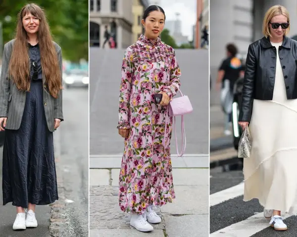 Tre donne con abiti lunghi e sneakers bianche: una con blazer grigio, una con abito floreale rosa, l'altra con giacca in pelle nera.