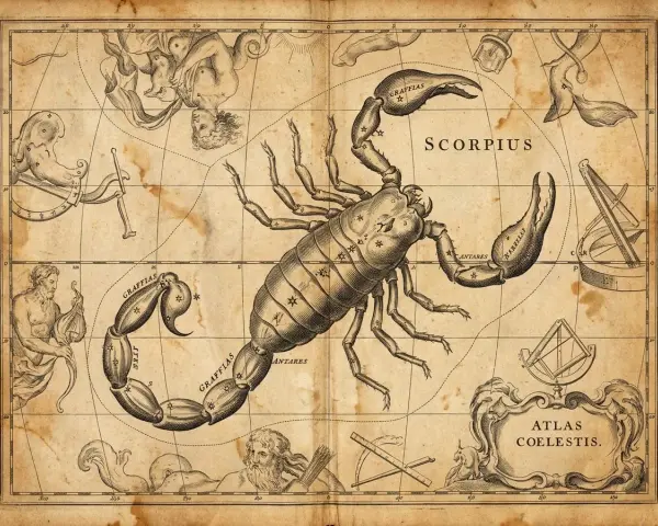 Starożytna mapa nieba z konstelacją Skorpiona (Scorpius). Od kiedy człowiek patrzy w gwiazdy, skorpion fascynuje.