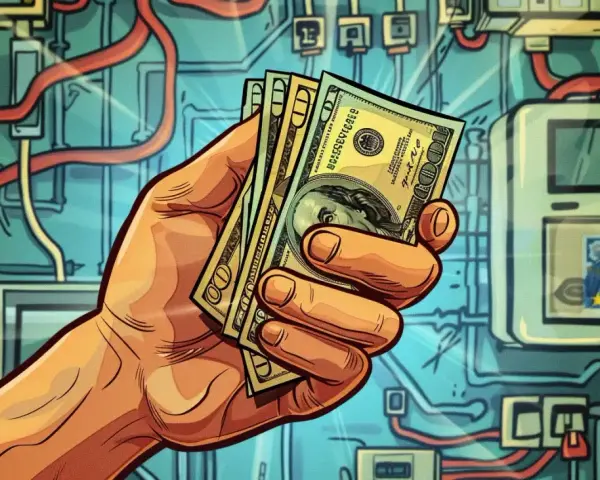 Dłoń trzyma banknoty dolarowe na tle instalacji elektrycznej. To symbol oszczędności dzięki kompensacji mocy biernej w domu.