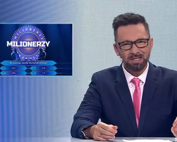 Prowadzący "Milionerzy" pyta: "Ile kosztuje zwykły bochenek chleba?". Na ekranie widać opcje odpowiedzi.