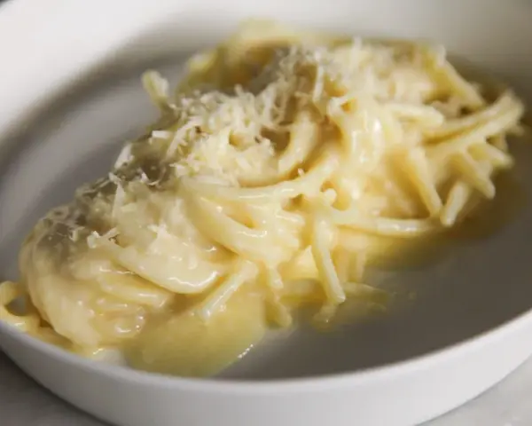 Un piatto di pasta burro e parmigiano, cremoso e invitante, con una spolverata di formaggio grattugiato.