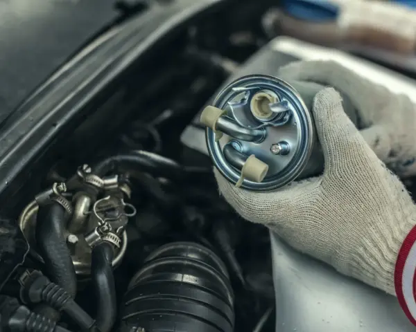 Hände mit Handschuhen halten einen neuen Kraftstofffilter bereit, um den alten im Motorraum zu wechseln.