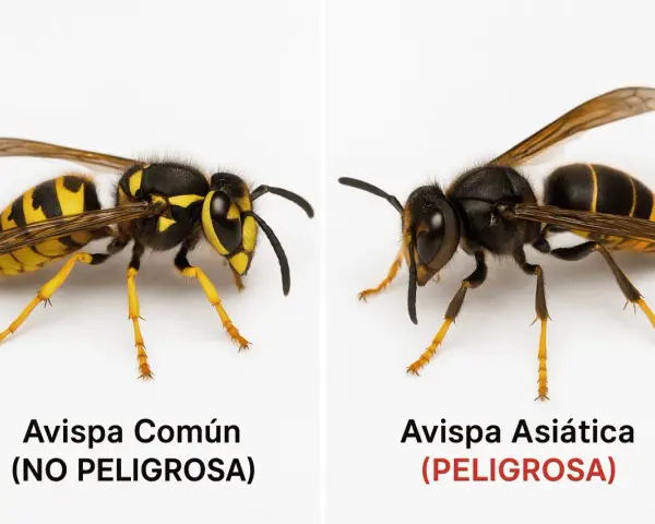 Comparación visual: avispa común (no peligrosa) vs. avispa asiática (peligrosa). Observa la diferencia entre velutina y avispa.
