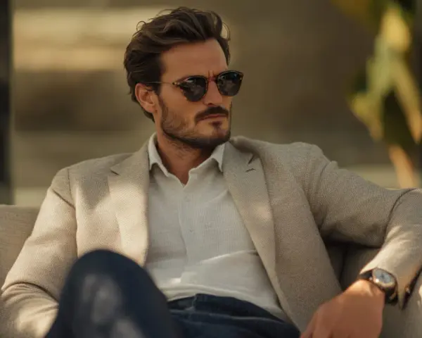 Uomini eleganti con blazer chiaro, occhiali da sole e orologio.
