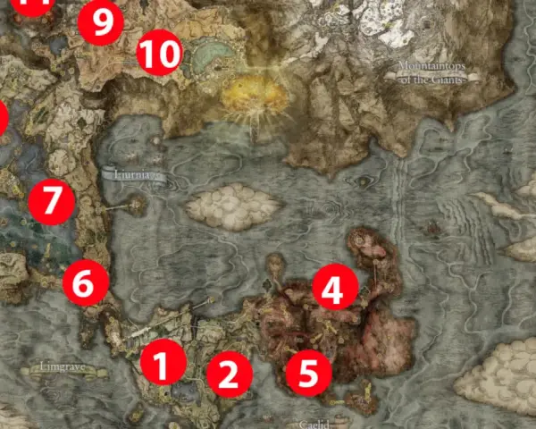Explora los mapas de Elden Ring, con puntos numerados que señalan ubicaciones clave en Limgrave, Liurnia y Caelid.