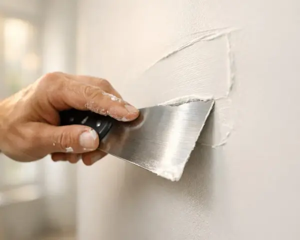 Hand med spackelspade som jämna ut spackel på en vägg. Det är en fin textur på spacklet som inte torkat än.