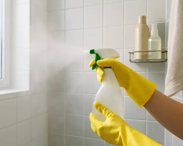 Yellow-gloved hands spray cleaner onto white tile, demonstrating how to clean a tile shower.