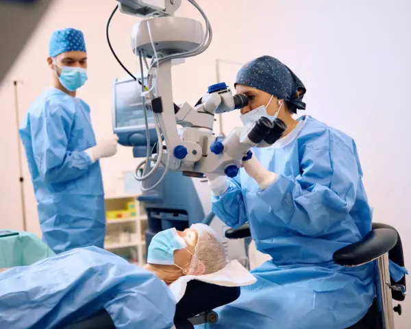 Chirurghi in sala operatoria, uno esegue una vitrectomia non riuscita con un microscopio, mentre un altro assiste.