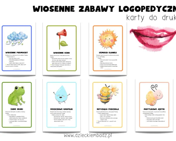 Wiosenne zabawy logopedyczne dla dzieci: karty z ćwiczeniami na oddech, artykulację i słuch.