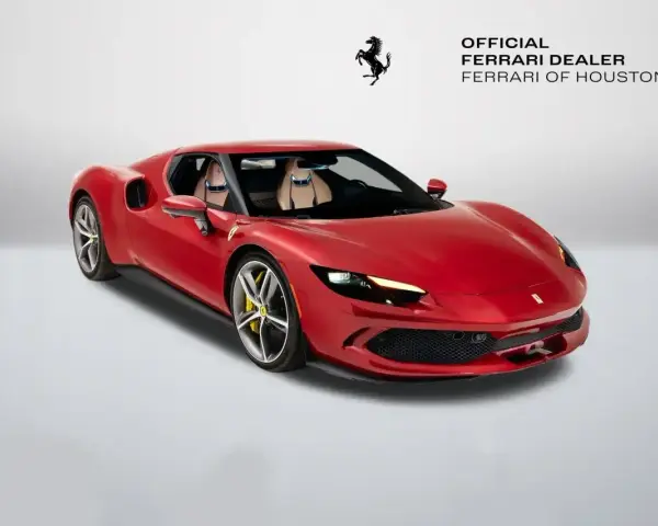 Czerwone Ferrari 296 GTB z beżowym wnętrzem, zaparkowane na białym tle. Obok logo Ferrari i napis "Official Ferrari Dealer Ferrari of Houston".