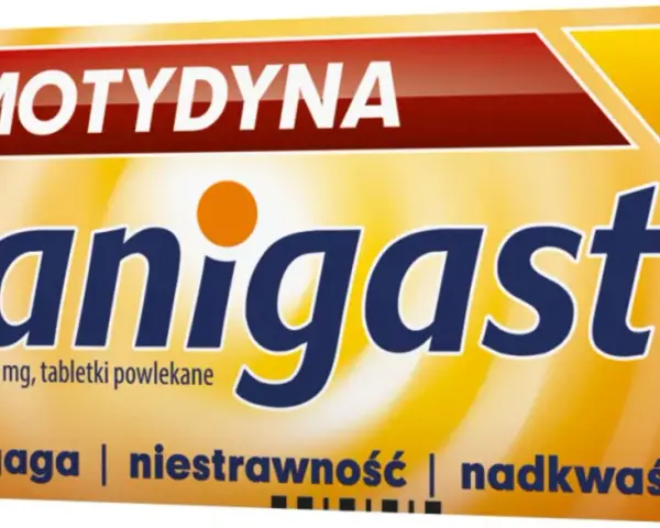 Opakowanie leku Ranigast z famotydyną na zgagę, niestrawność i nadkwaśność. 30 tabletek.