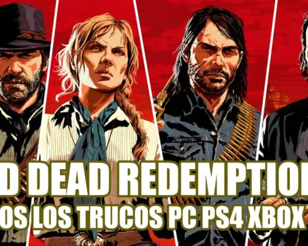 Personajes de Red Dead Redemption 2 con texto "TODOS LOS TRUCOS PC PS4 XBOX ONE".