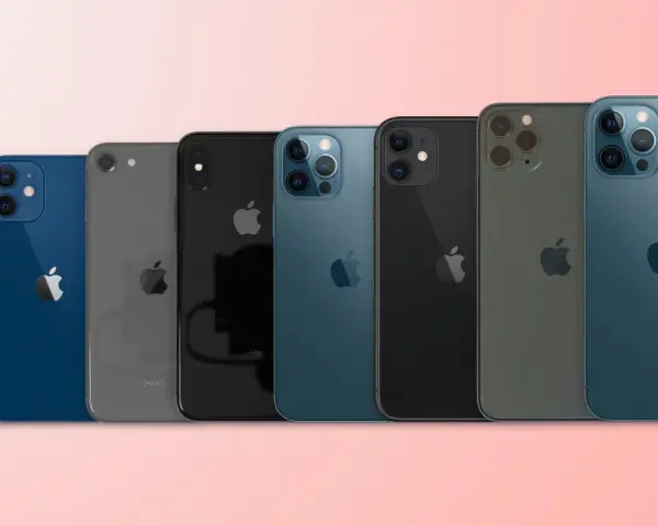 Rad av iPhones i olika färger och iphone storlekar, från SE till Pro Max-modeller.