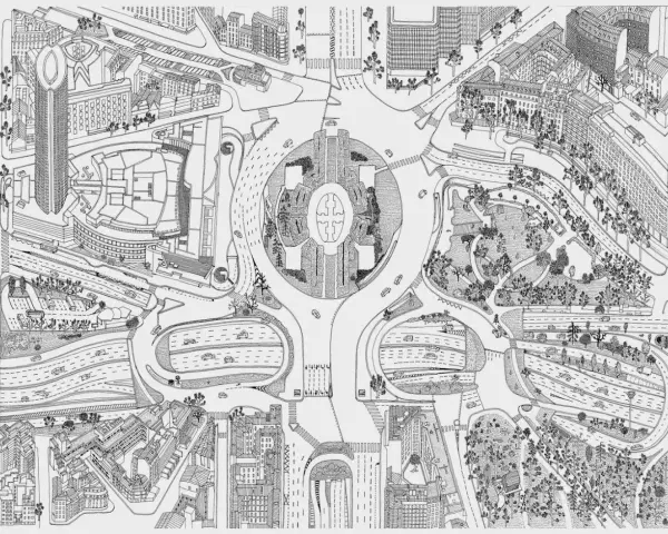 Un croquis de Paris, vu du ciel, avec un rond-point central, des immeubles, des routes sinueuses et un parc verdoyant.