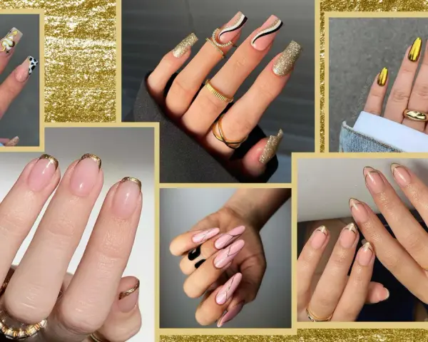 Manicure con unghie metallizzate oro, glitter e design geometrici. Un tocco di lusso per le tue mani.