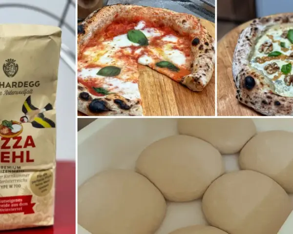 GUT HARDEGG PIZZA MEHL: Die Zutaten für den perfekten Pizzateig. Hier siehst du das Mehl, fertige Pizzen und Teiglinge.
