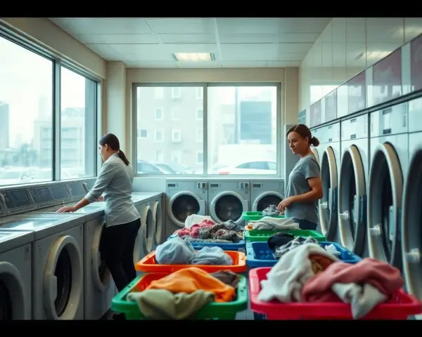 Donne in una lavanderia a gettoni, una legge le istruzioni lavatrice, l'altra prepara il bucato.