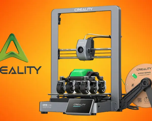 Drukarka 3D Creality Ender-3 V3 z wydrukowanym modelem pojazdu i szpulą filamentu. Poznaj jej **ender 3 wymiary** i możliwości.