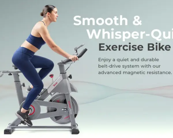 Woman cycling on a smooth, quiet exercise bike. Learn how magnetic resistance works for a durable workout.