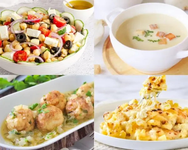 Cuatro platos de comida: ensalada de garbanzos, sopa cremosa, albóndigas y macarrones con queso.
