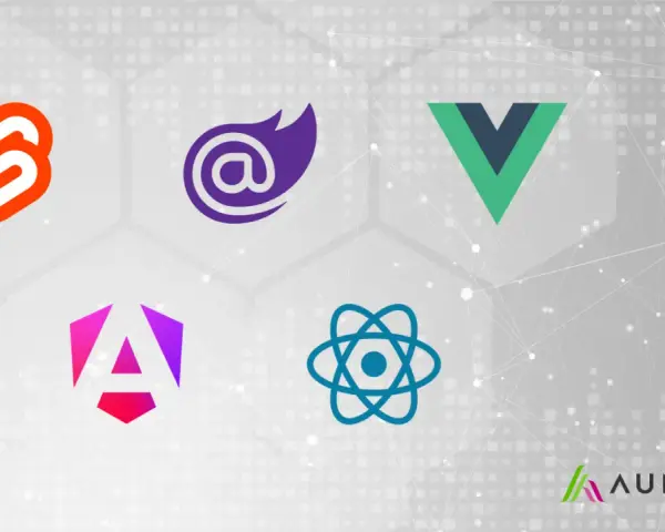 Logos von Svelte, Blazor, Vue, Angular und React – die Werkzeuge für modernes frontend design.