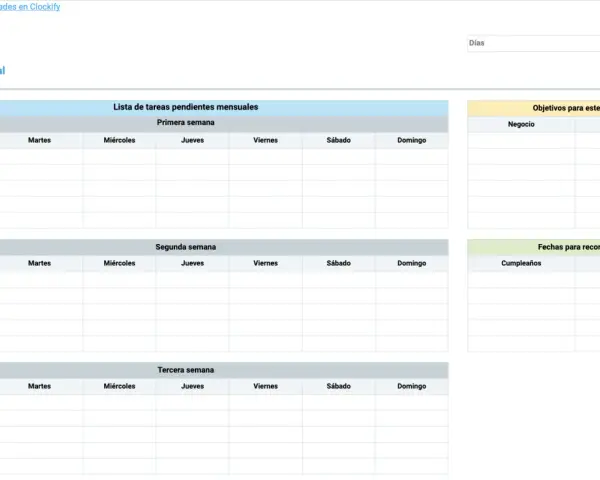 Agenda mensual con listas de tareas, objetivos y fechas para recordar. Un calendario para agendar citas gratis y organizar tu mes.