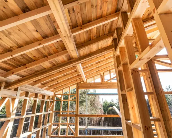Structure d'une maison en bois, vue intérieure. Le prix d'une maison ossature bois est souvent compétitif.