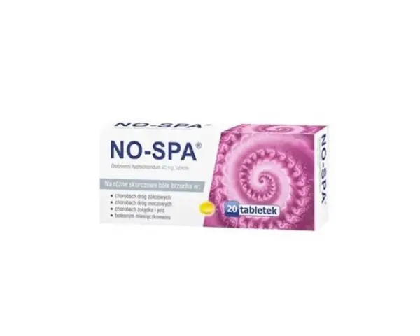 Opakowanie leku NO-SPA forte z 20 tabletkami, wskazane na bóle brzucha, np. przy bolesnym miesiączkowaniu.