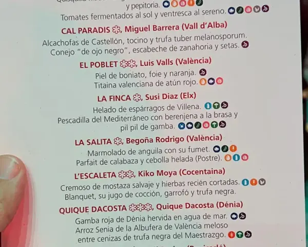 Menú de degustación con platos de chefs con estrella Michelin. Incluye "El Poblet" y "La Salita".