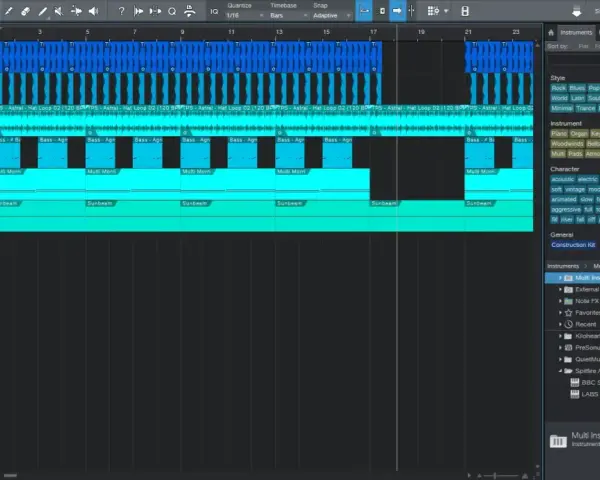 EDM music meaning: Ein Musikproduktionsprogramm zeigt Spuren mit "Bass", "Snare" und "Hat Loop", typisch für EDM.