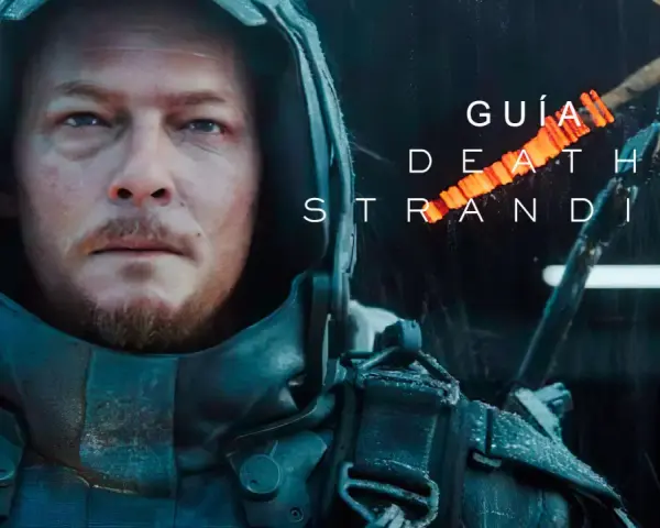 Primer plano de Sam Porter Bridges, protagonista de Death Stranding, con el título del juego y la guía en texto.